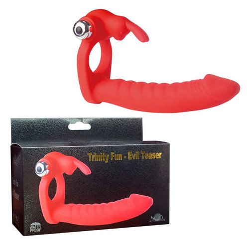 Double Penetration Cock Ring Trinity Fun Evil Teaser Red Vibrating Dildo